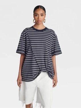 KBB by KAHLANA Striped Navy and White Knot-Front Tee oversized